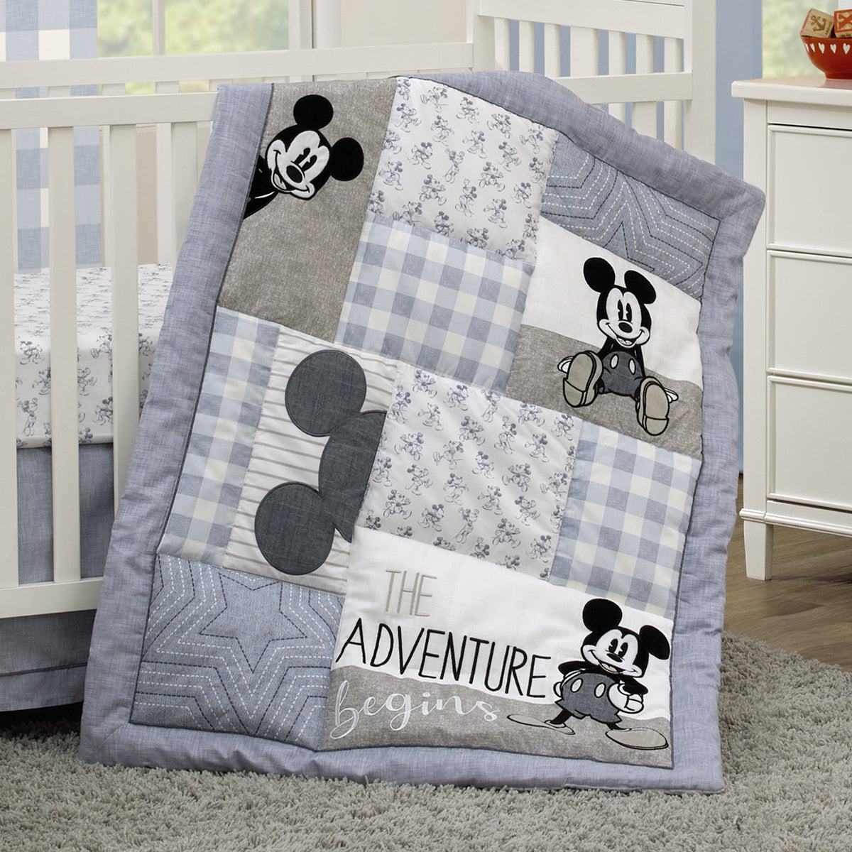 Mickey Mouse - Call Me Mickey Blue, White, and Gray The Adventure Begins Stars and Gingham 3 Piece Nursery Crib Bedding Set - Comforter, 100% Cotton Fitted Crib Sheet, and Crib Skirt
