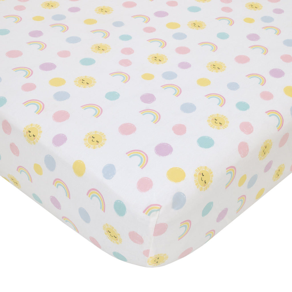 Happy Days Pink, White, and Yellow Rainbows and Sunshine 4 Piece Nursery Crib Bedding Set - Comforter, 100% Cotton Fitted Crib Sheet, Crib Skirt and Reversible Storage