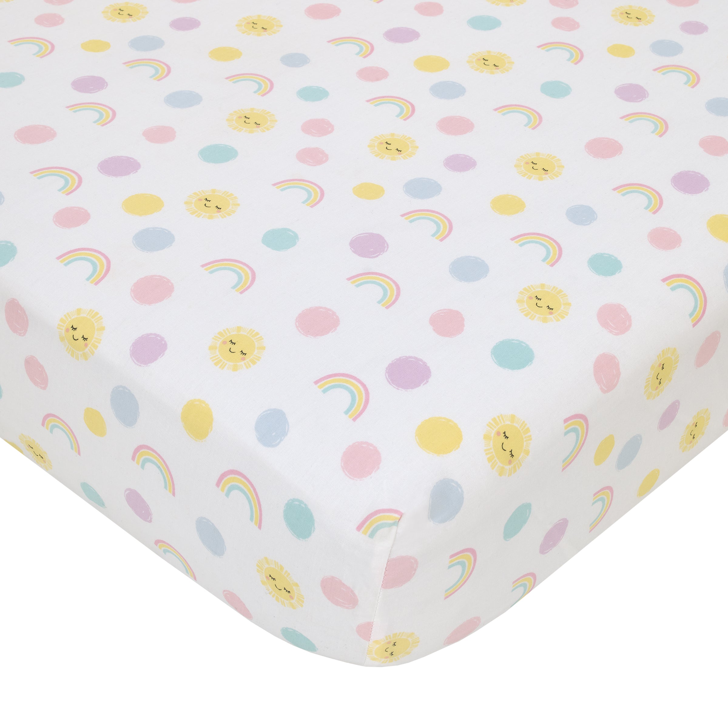 Happy Days Pink, White, and Yellow Rainbows and Sunshine 4 Piece Nursery Crib Bedding Set - Comforter, 100% Cotton Fitted Crib Sheet, Crib Skirt and Reversible Storage