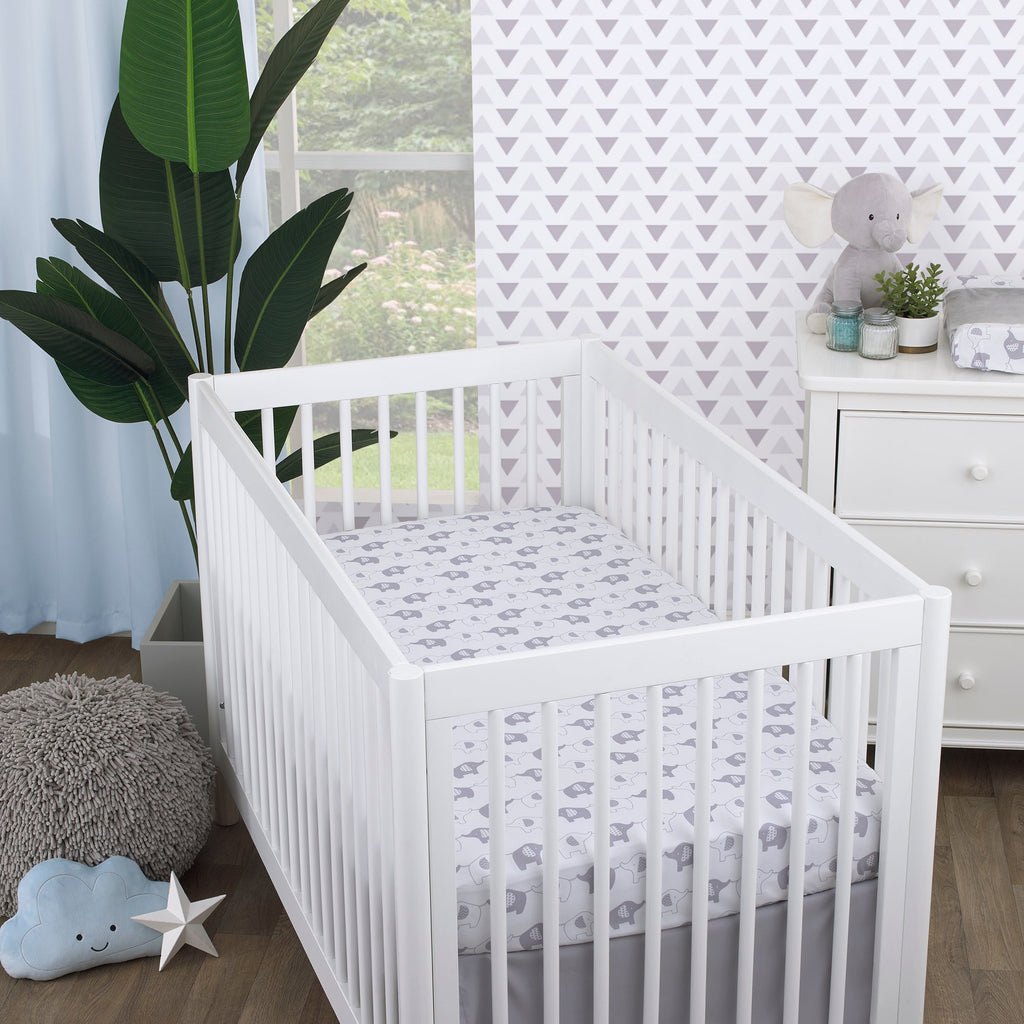 Elephant Stroll White and Gray Fitted Crib Sheet