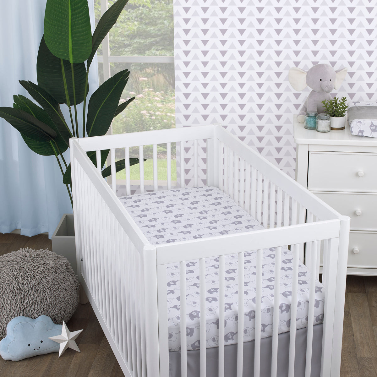 Elephant Stroll White and Gray Fitted Crib Sheet