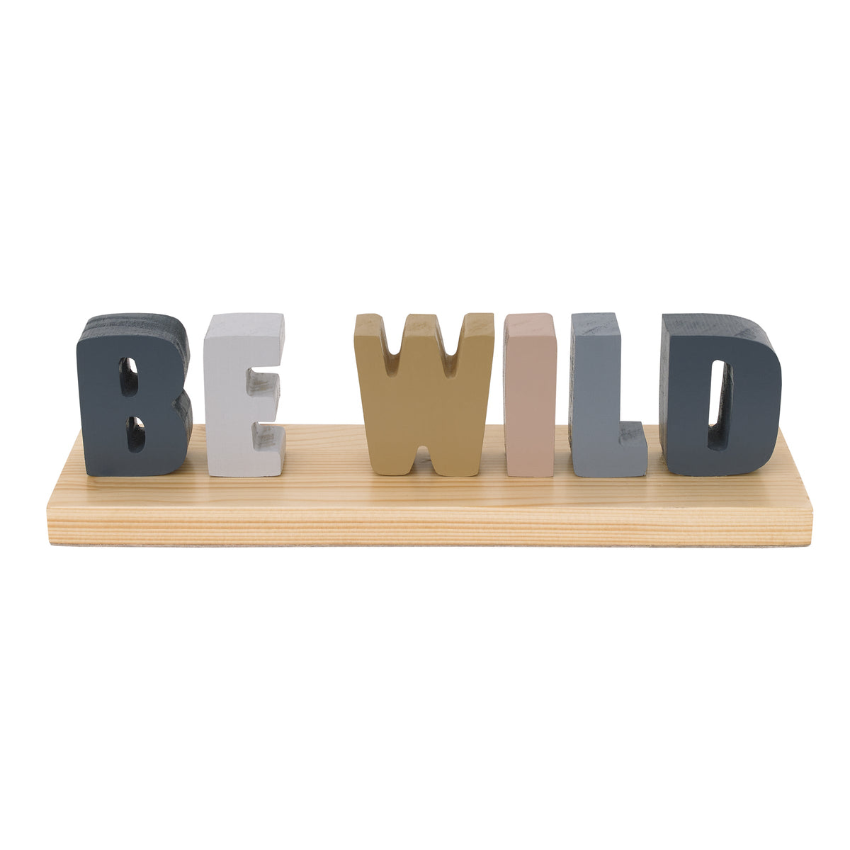 Be Wild Shelfie Room DÃ©cor Blue, Gray, Gold and Cream Letters on Natural Wood Base