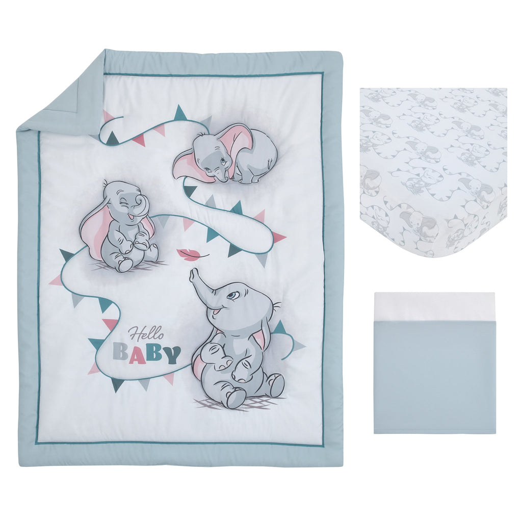 Disney Dumbo Hello Baby Grey and White Circus Banner 3 Piece Nursery Crib Bedding Set - Comforter, Fitted Crib Sheet, and Crib Skirt