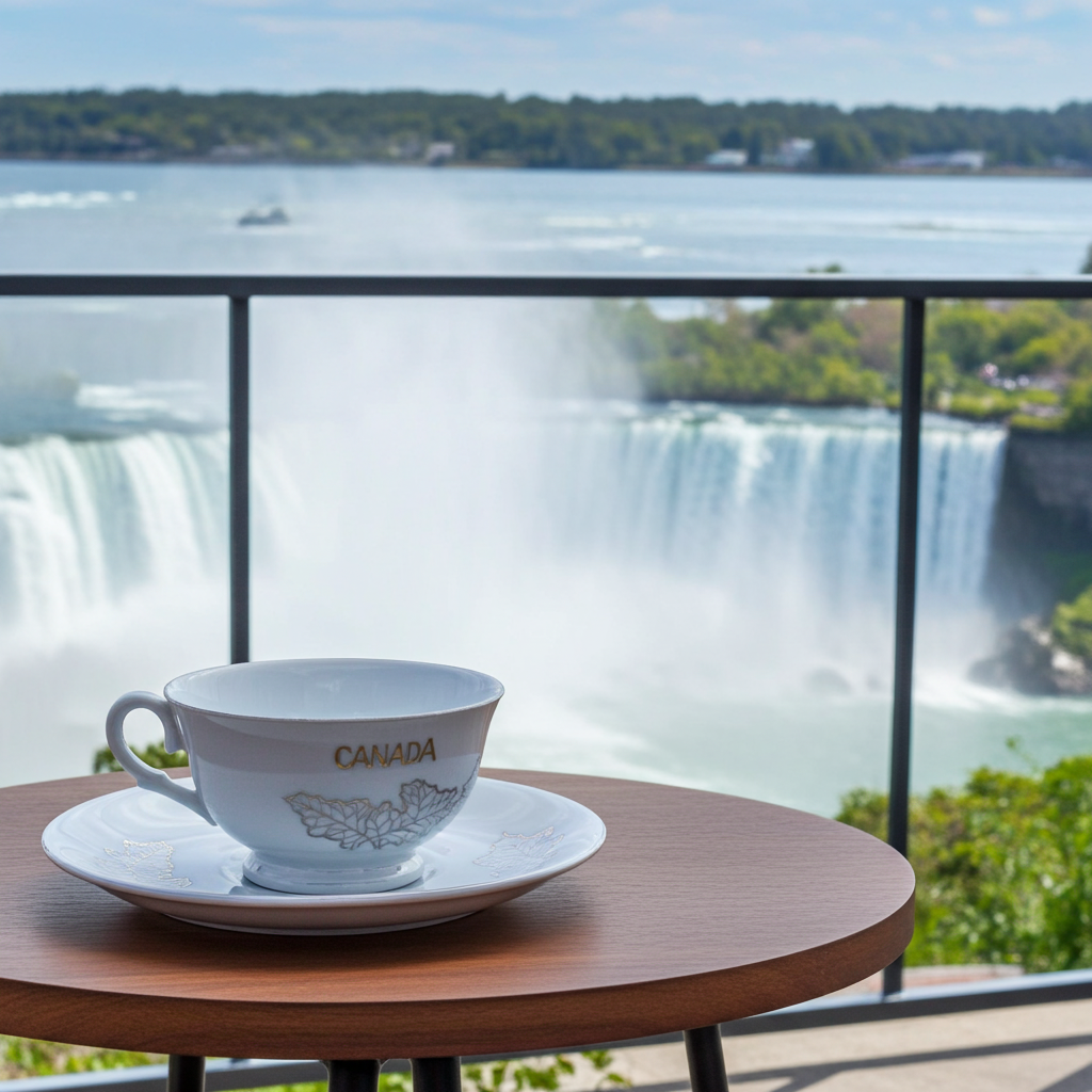 Iridescent Niagara Falls Teacup and Saucer — Gold Maple Leaves