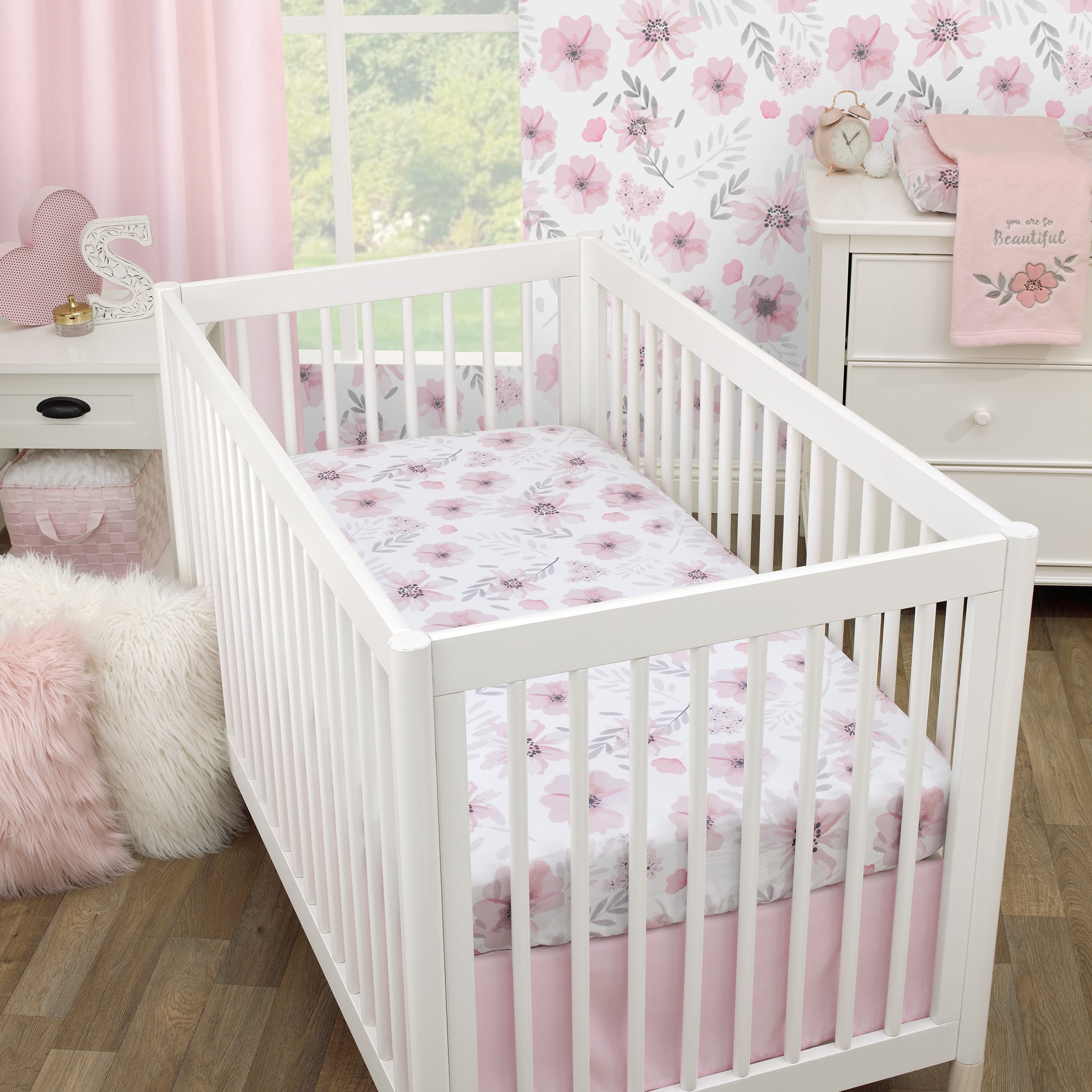 Beautiful Blooms Pink and White Floral Fitted Crib Sheet