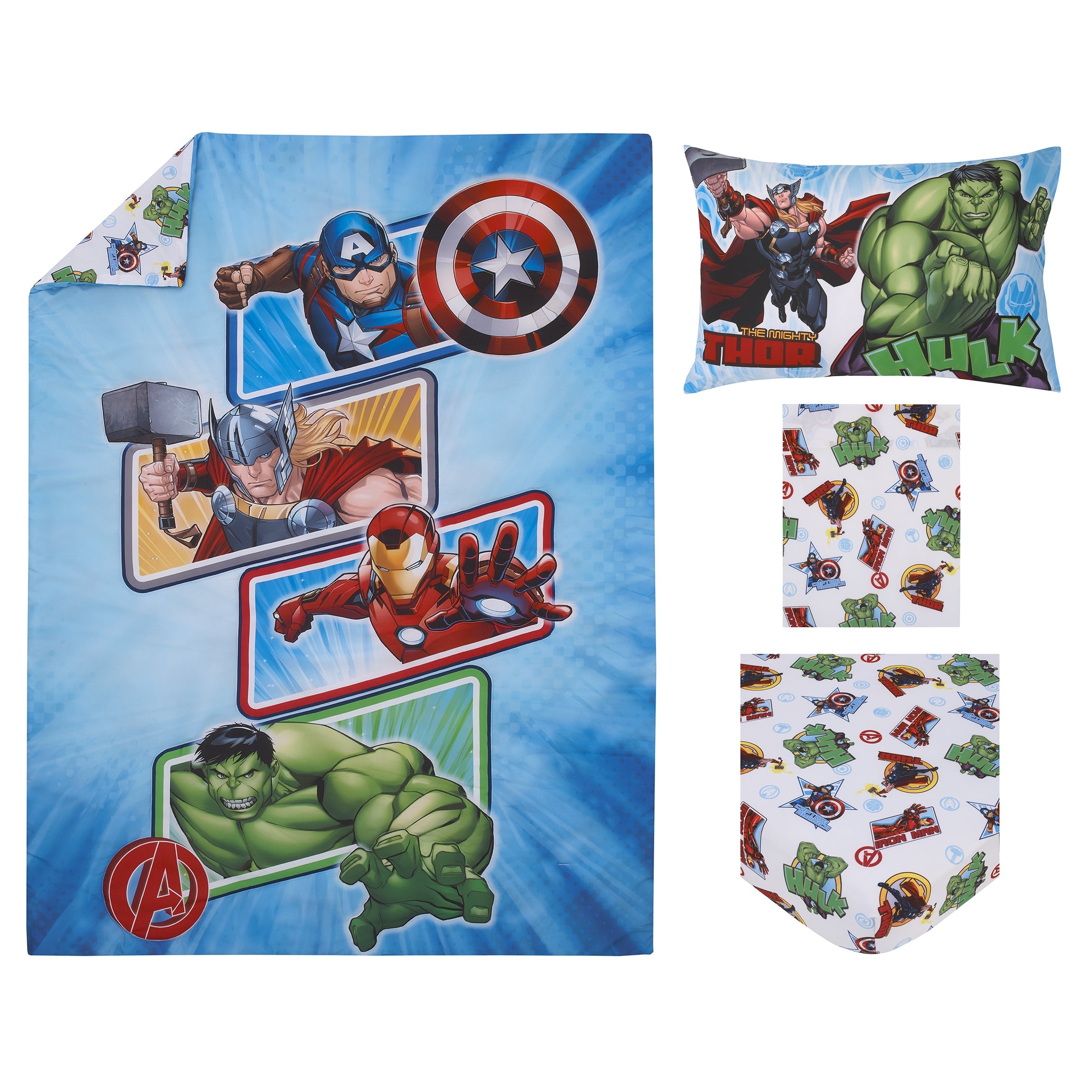 The Avengers I Am A Hero Blue, Green, Red, and Yellow 4 Piece Toddler Bed Set - Comforter, Fitted Bottom Sheet, Flat Top Sheet, and Reversible Pillowcase