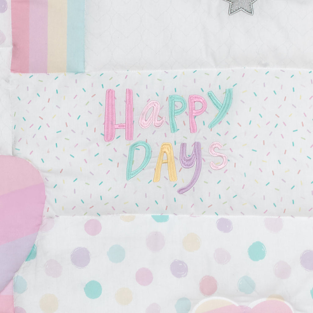 Happy Days Pink, White, and Yellow Rainbows and Sunshine 4 Piece Nursery Crib Bedding Set - Comforter, 100% Cotton Fitted Crib Sheet, Crib Skirt and Reversible Storage