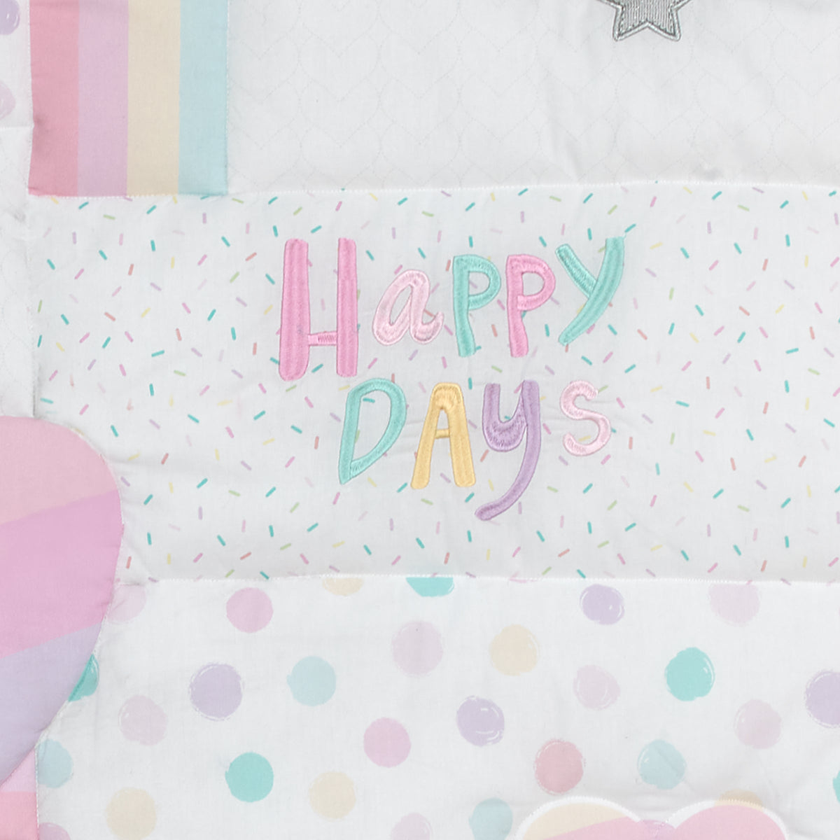 Happy Days Pink, White, and Yellow Rainbows and Sunshine 4 Piece Nursery Crib Bedding Set - Comforter, 100% Cotton Fitted Crib Sheet, Crib Skirt and Reversible Storage