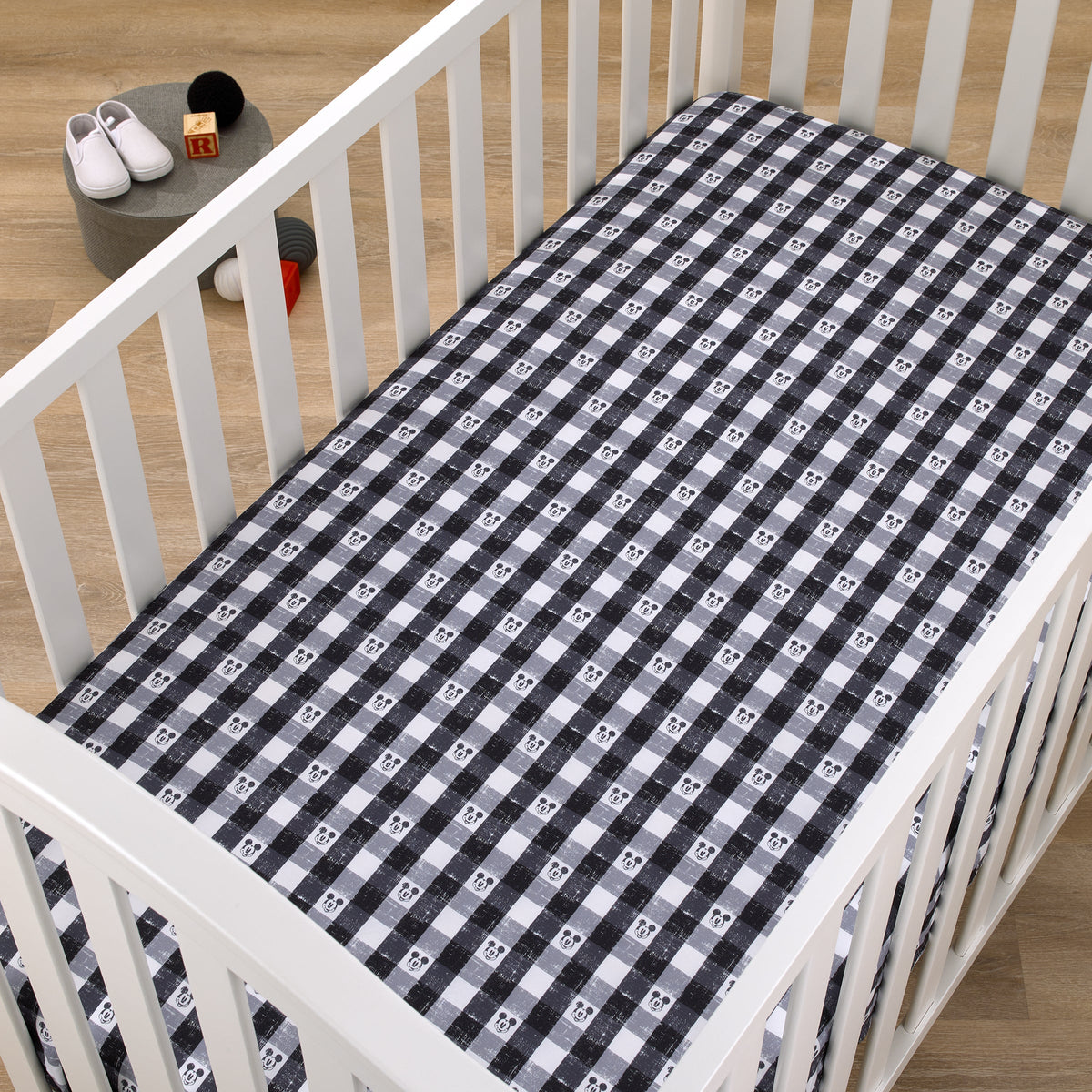 Mickey Mouse - Black, White and Gray Plaid Nursery Fitted Mini Crib Sheet