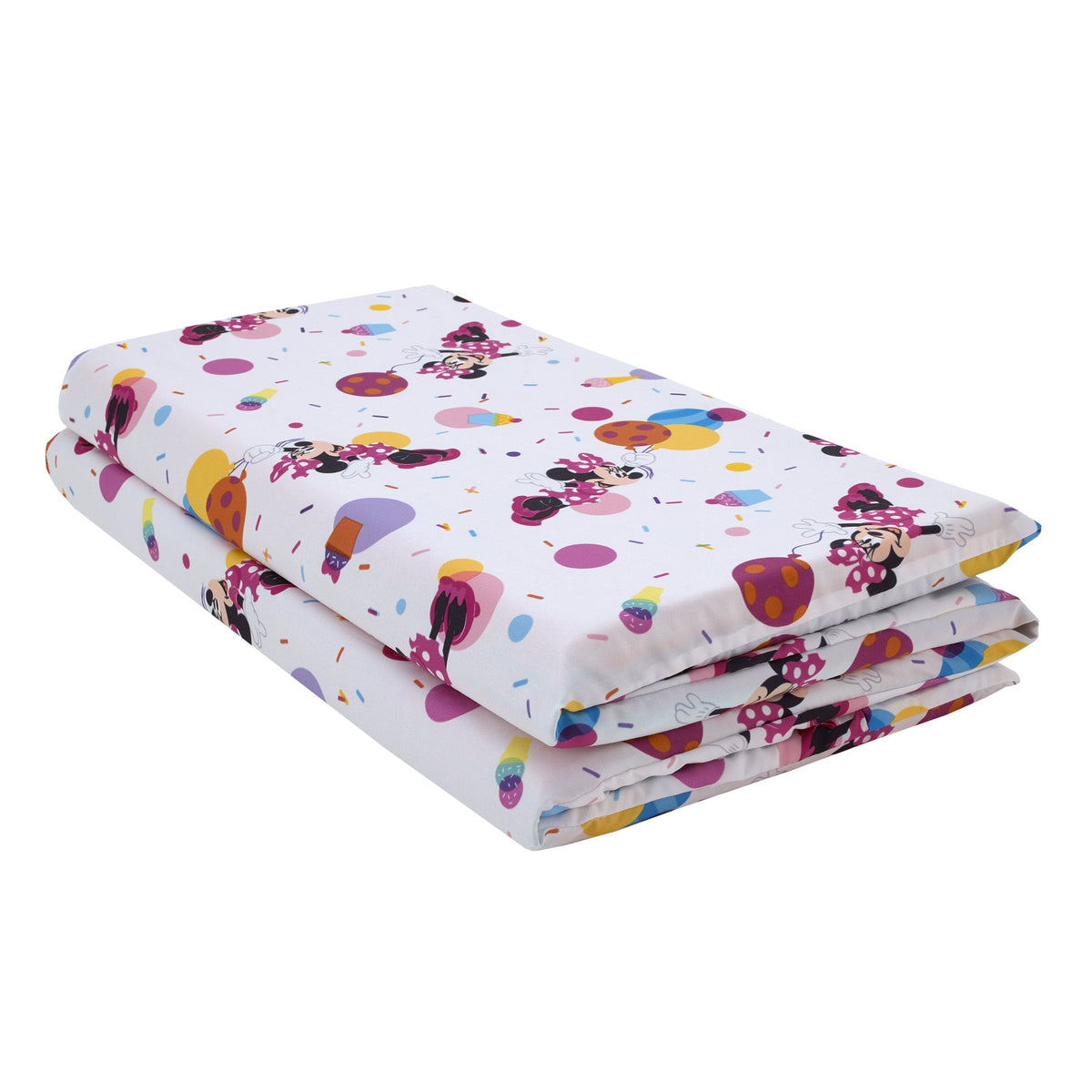 Minnie Mouse Let's Party Pink, Lavender, and White Balloons, Cupcakes, and Confetti Preschool Nap Pad Sheet