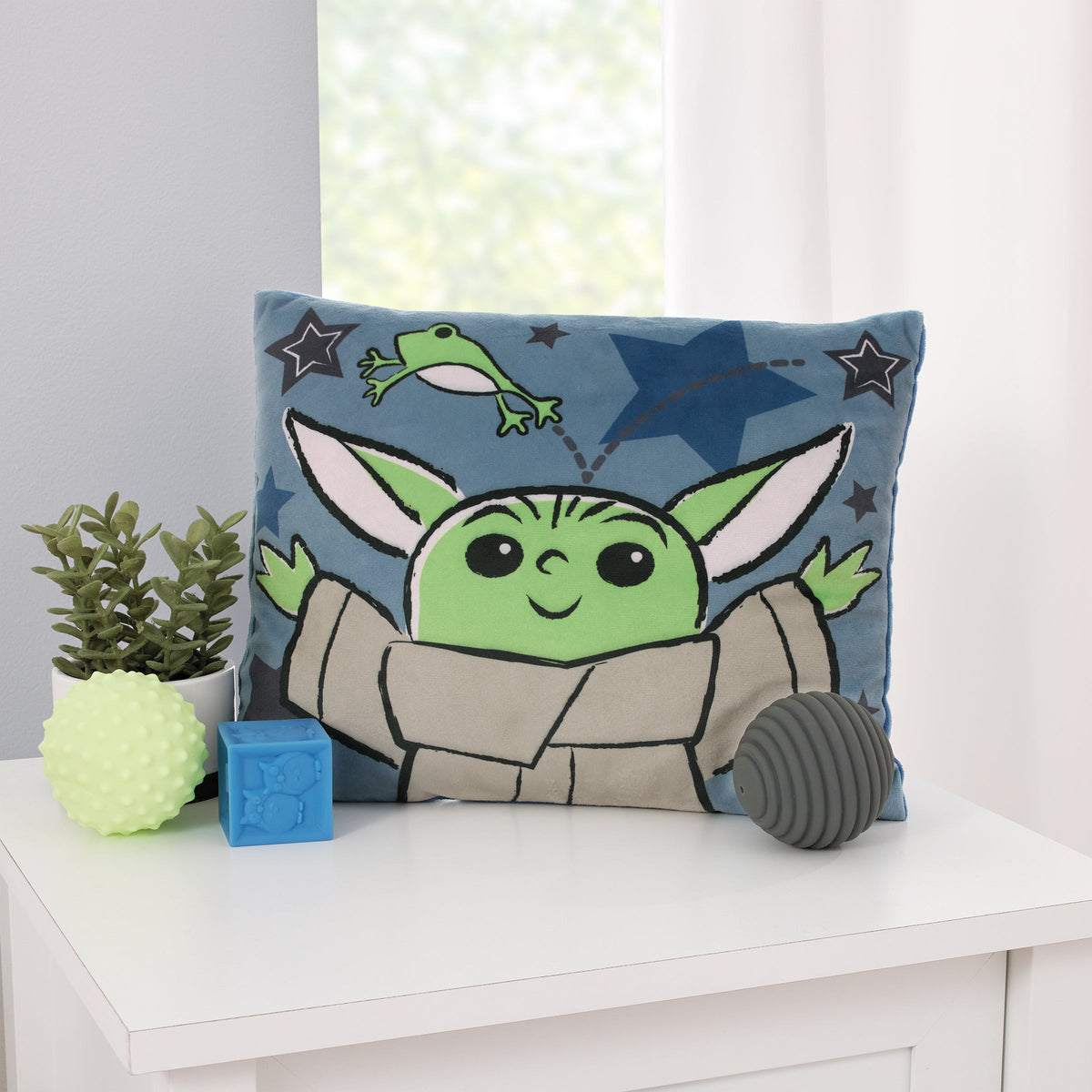 The Child Cutest in the Galaxy Blue, Green and Gray, Grogu, Sorgan Frog and Stars Super Soft Decorative Toddler Pillow