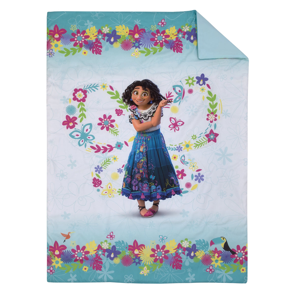 Encanto Tropical Delight Pink and Aqua Flowers and Butterflies 4 Piece Toddler Bedding Set - Comforter, Fitted Bottom Sheet, Flat Top Sheet and Reversible Pillowcase