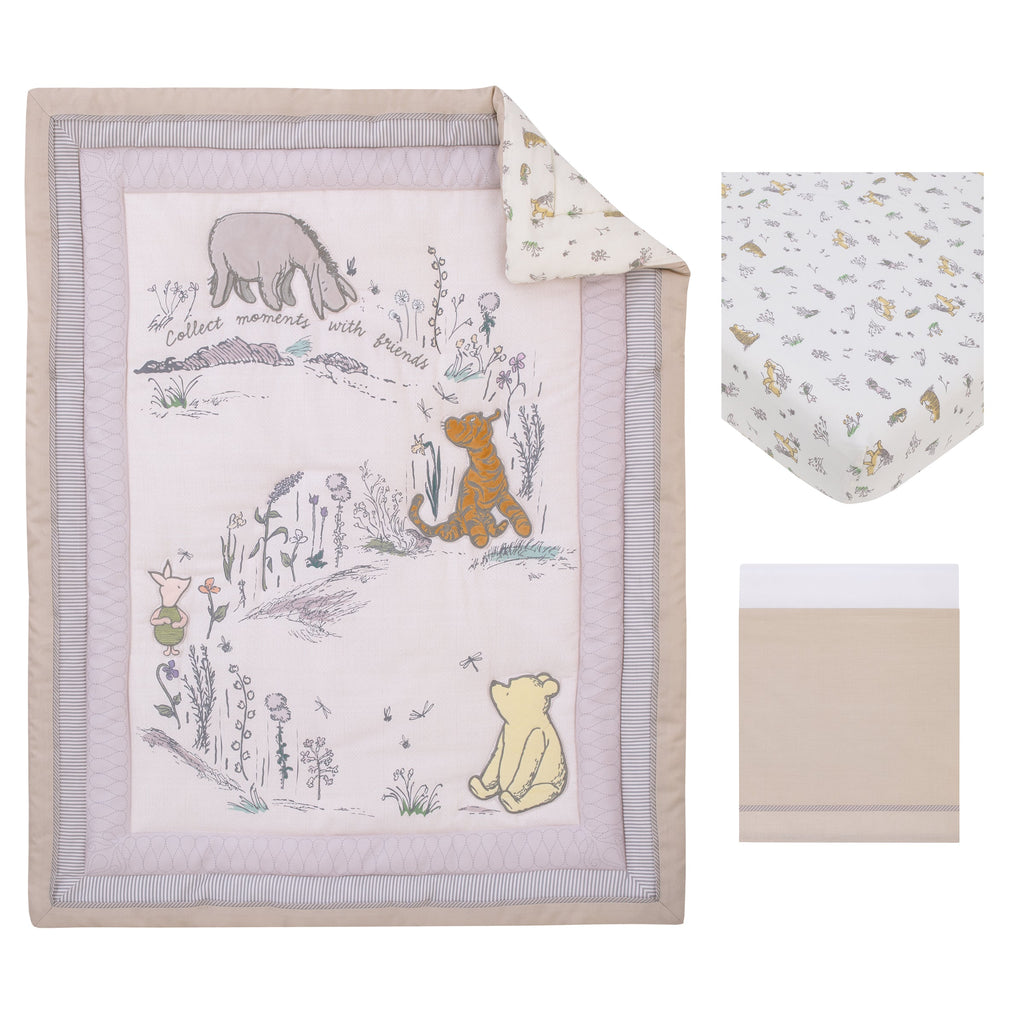 Classic Pooh Naturally Friends Ivory and Taupe Piglet, Eeyore, and Tigger 3 Piece Nursery Crib Bedding Set - Comforter, 100% Cotton Fitted Crib Sheet, and Crib Skirt
