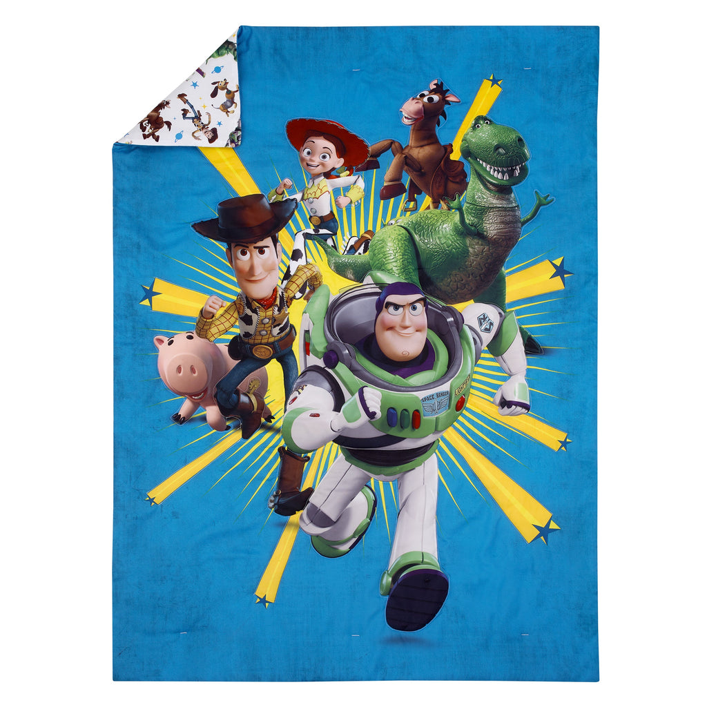 Disney Toy Story Taking Action Blue, Green and Yellow 4 Piece Toddler Bed Set - Comforter, Fitted Bottom Sheet, Flat Top Sheet, and Reversible Pillowcase