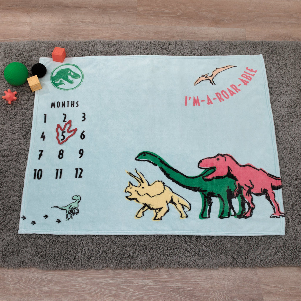 Jurassic World Blue, Green, Orange and Yellow I'm-a-Roar-able Dinosaur Super Soft Milestone Baby Blanket