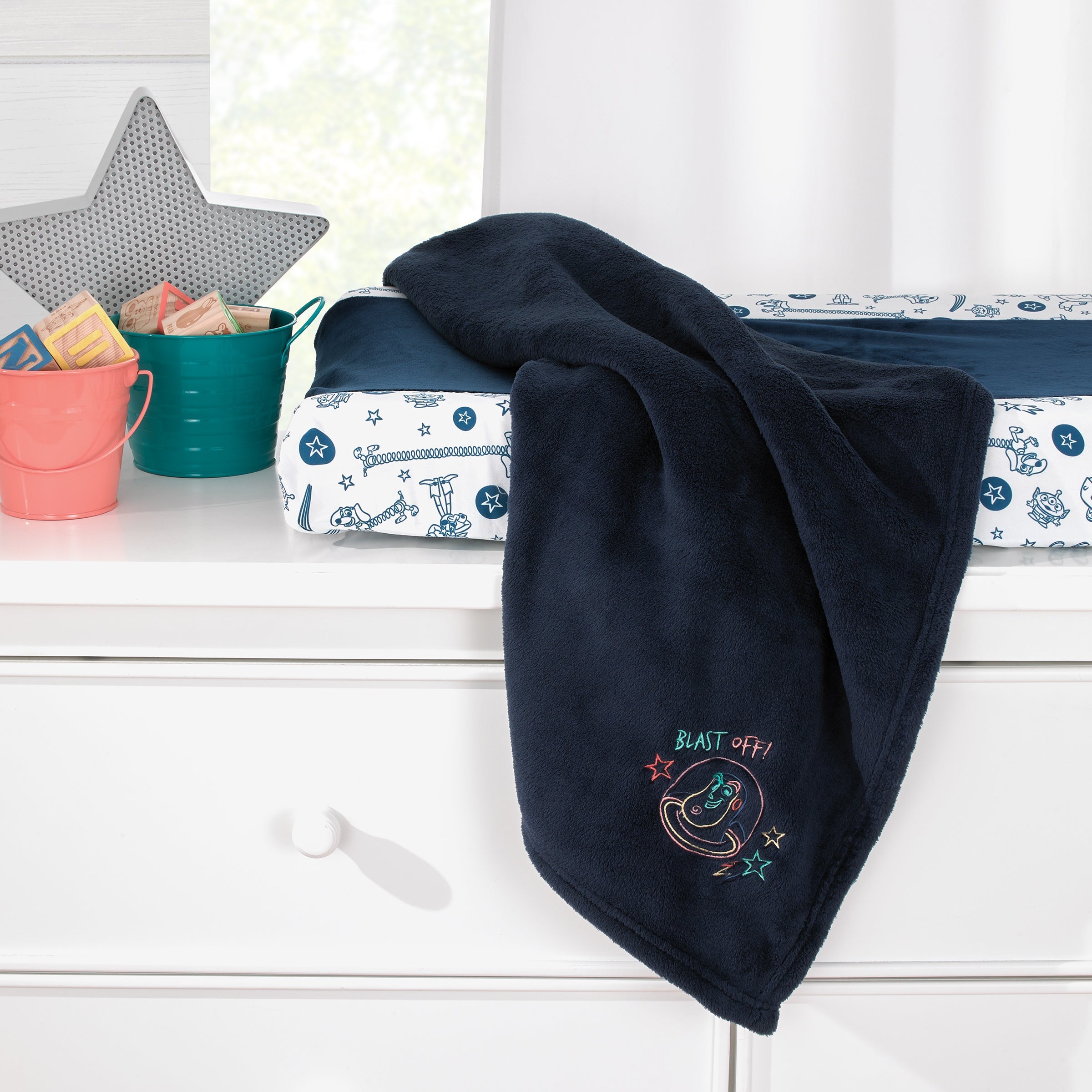 Toy Story Color Crazy Blue, Green and Orange Blast Off Buzz Lightyear Super Soft Appliqued Baby Blanket