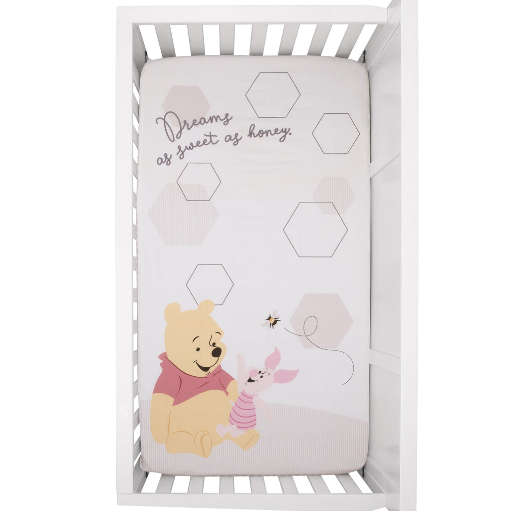 Winnie the Pooh Hugs and Honeycombs Grey and White "Dreams as Sweet as Honey" with Hexagons and Piglet 100% Cotton Photo Op Fitted Crib Sheet